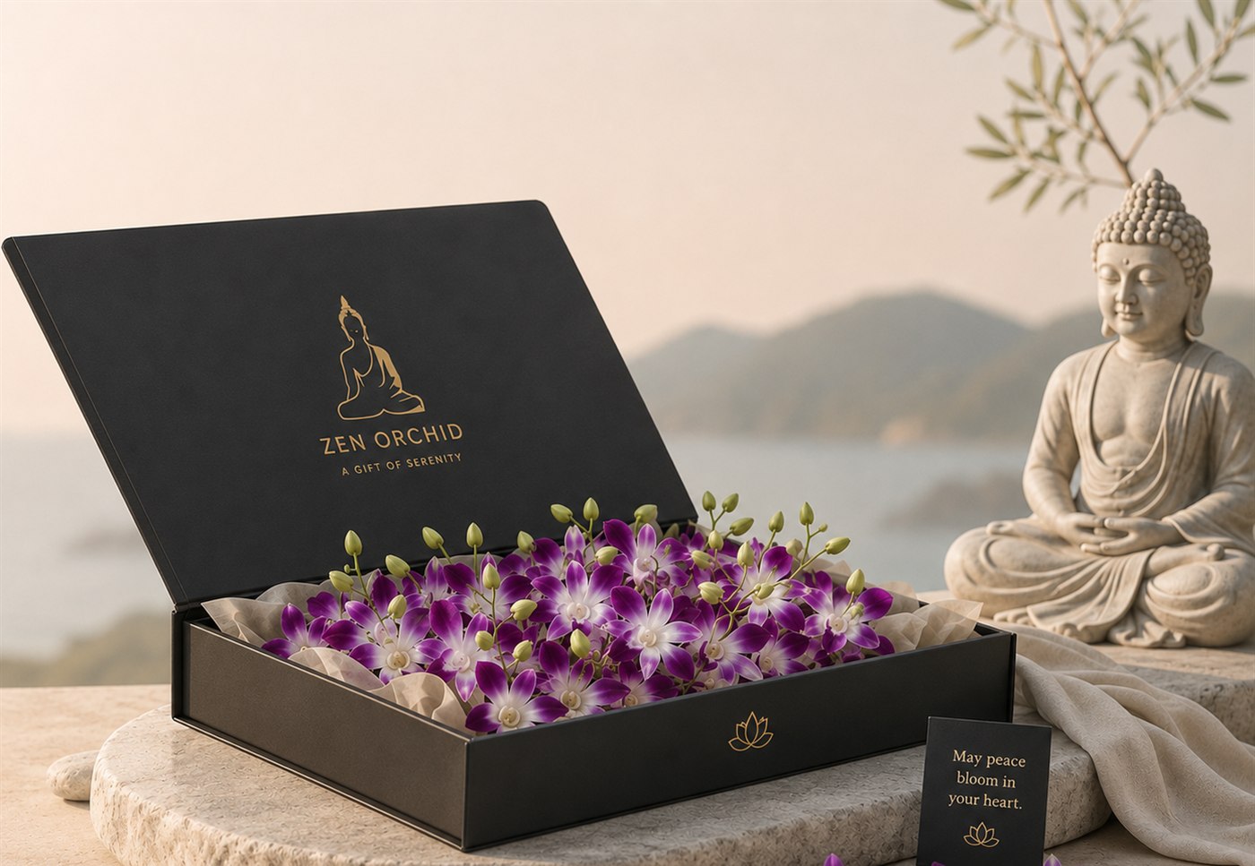 Geopende Zen Orchid giftbox met paars-witte Dendrobium orchideeën, naast een Buddhabeeld