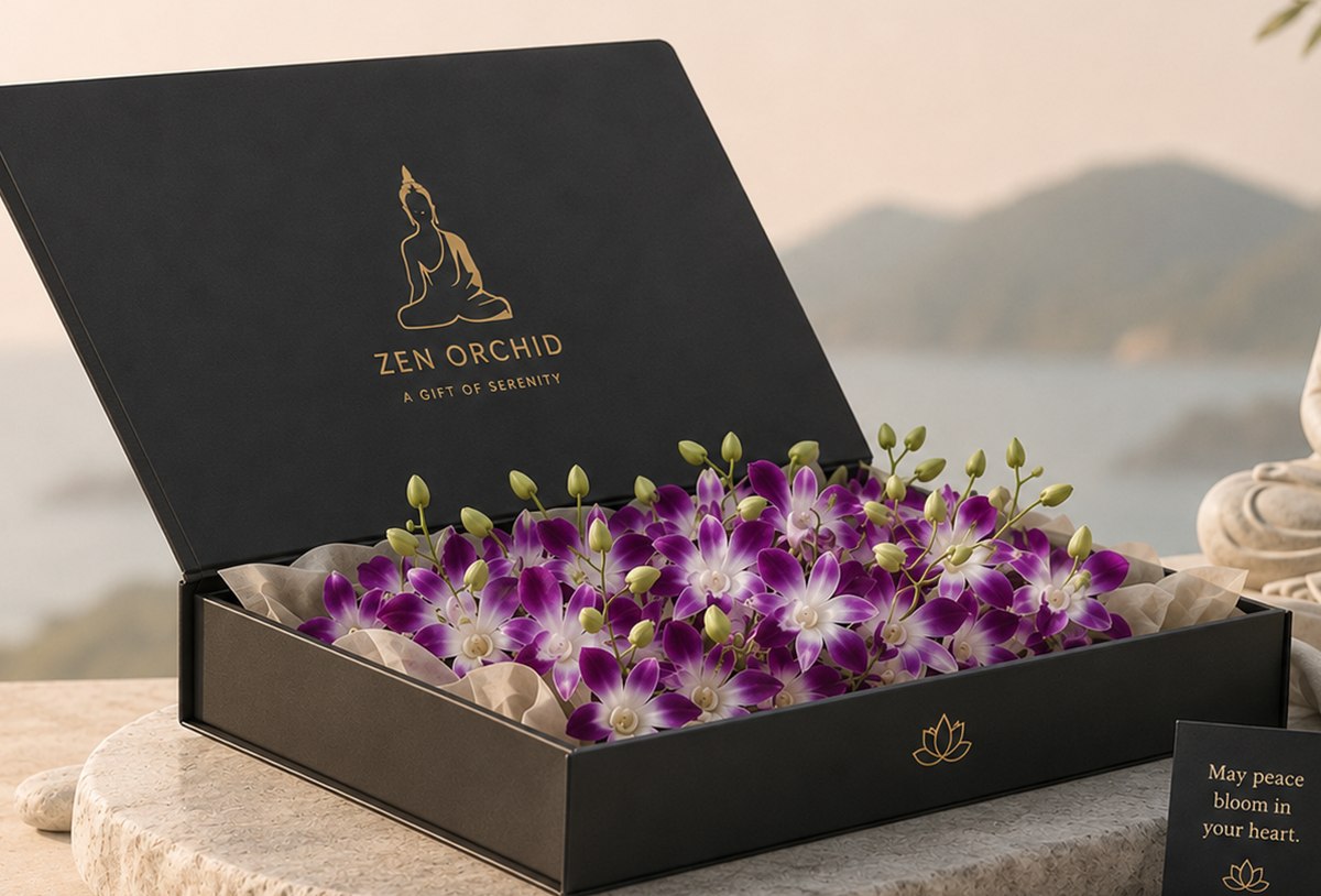 De geopende Zen Orchid giftbox met paars-witte Dendrobium orchideeën