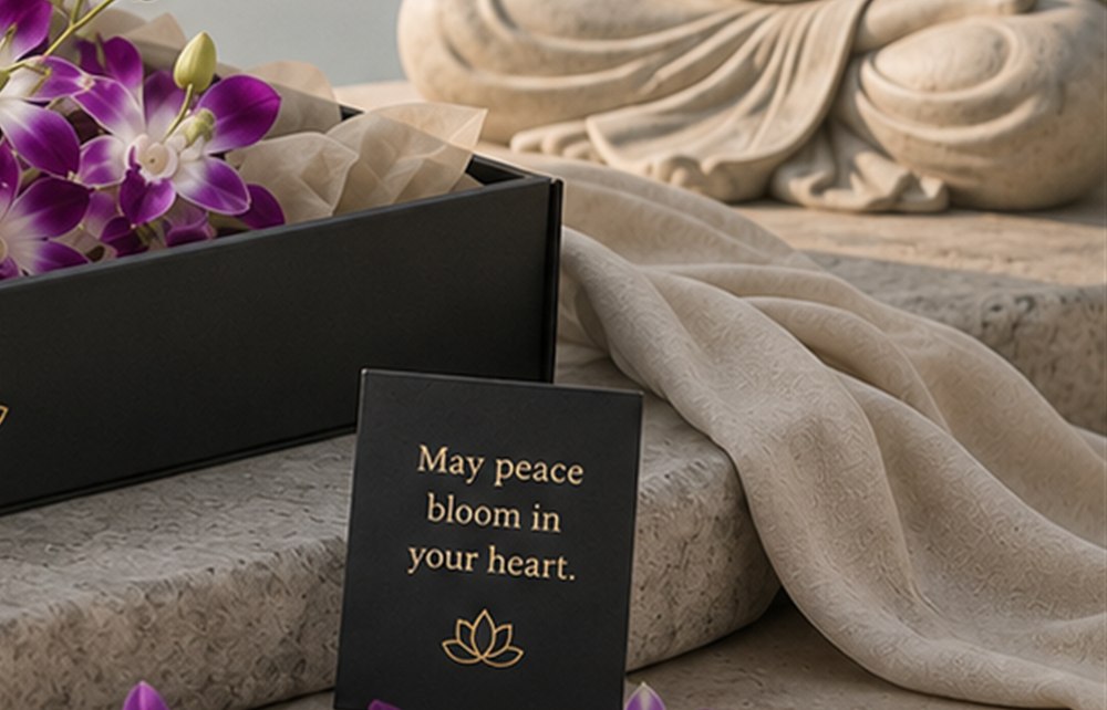 Zwart kaartje met gouden lotus en de tekst May peace bloom in your heart, naast de giftbox