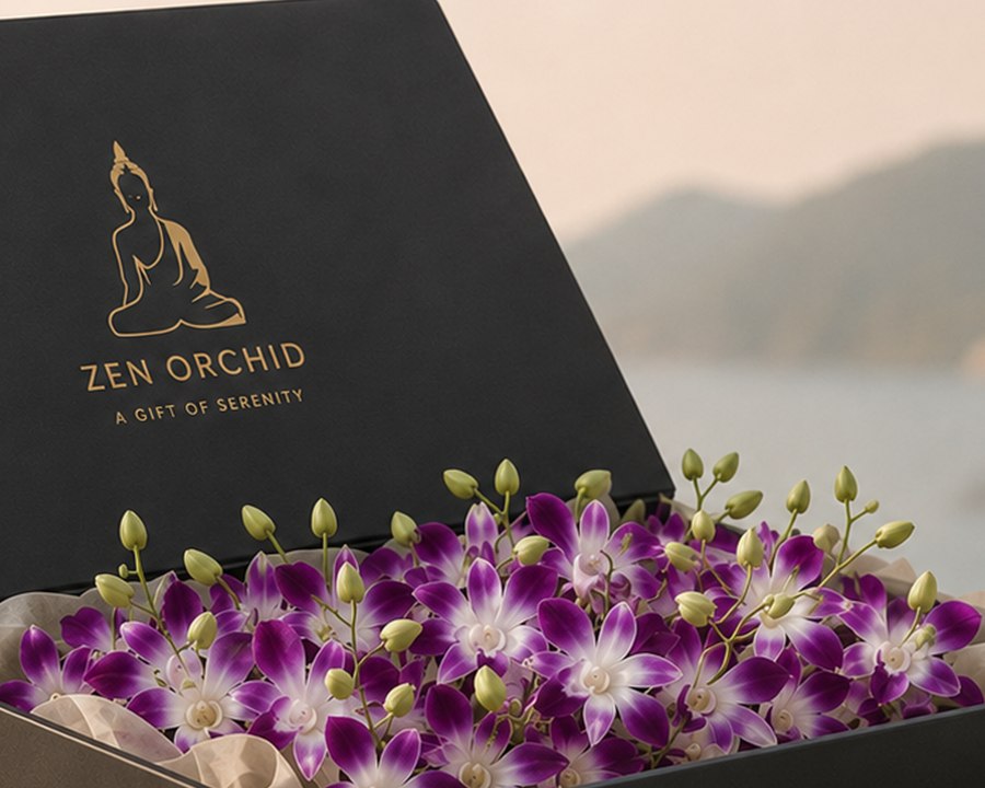 Het gouden Zen Orchid logo op het mat zwarte deksel van de giftbox